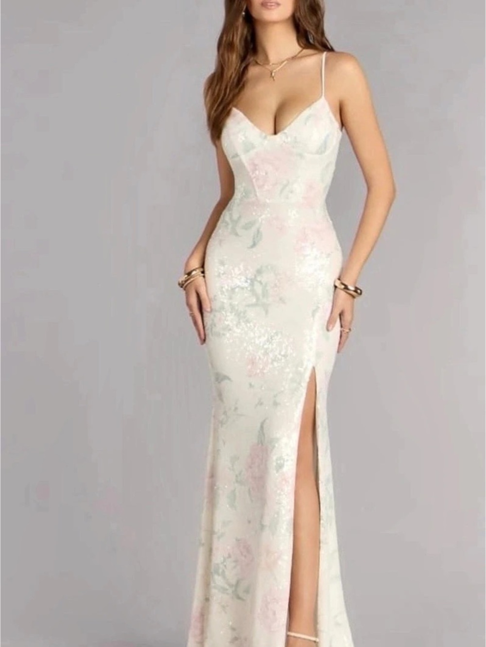 Windsor Floral Sequin Mermaid Formal Dress White & Pink.